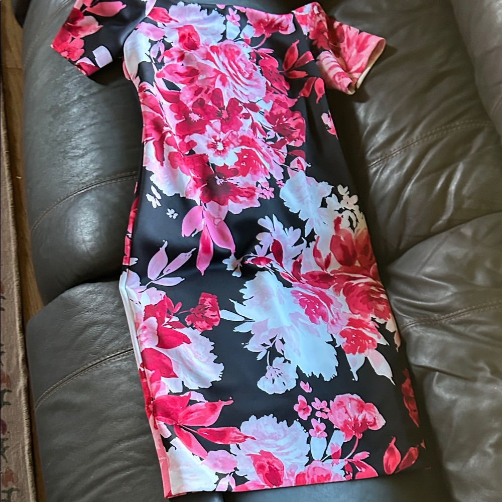 Calvin Klein Collection Black and Pink Floral Midi Dress